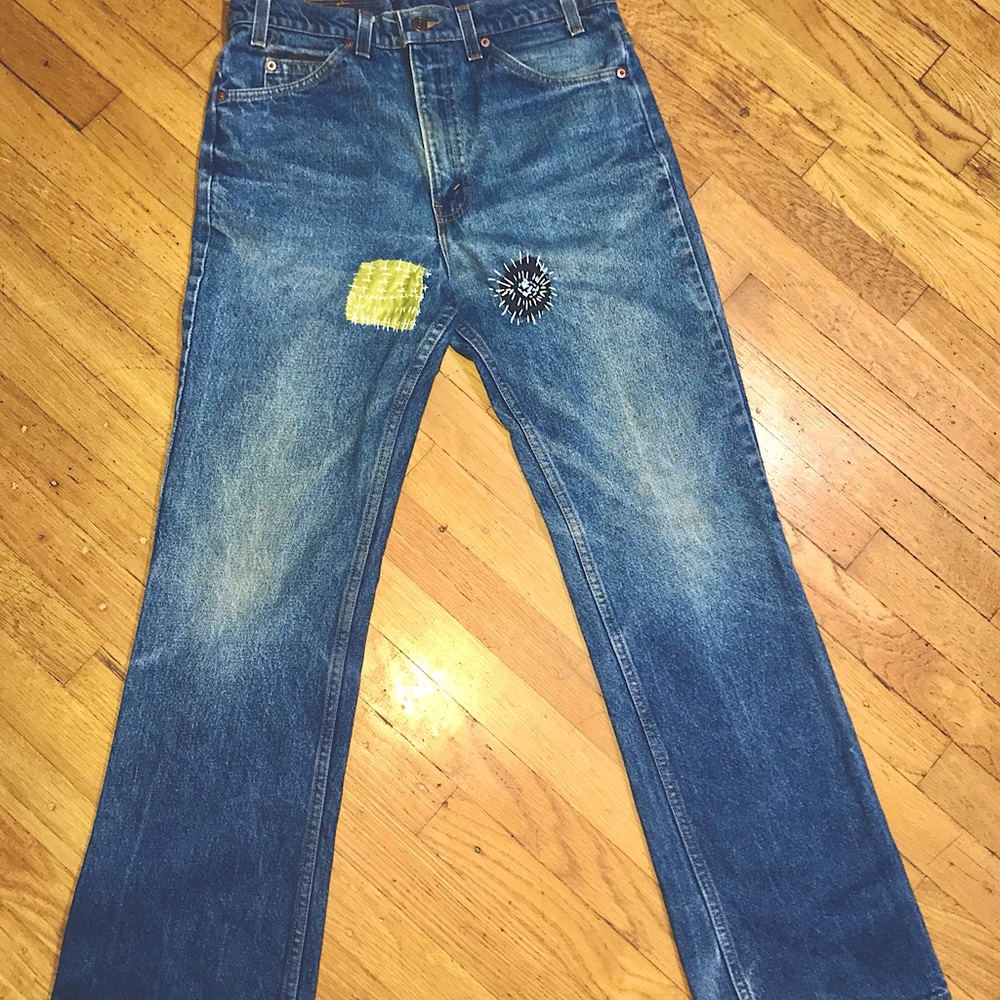 Custom Stitch Orange Tab Jeans Mens 33x32 Blue 575 Boot Cut Denim Pants USA Vtg